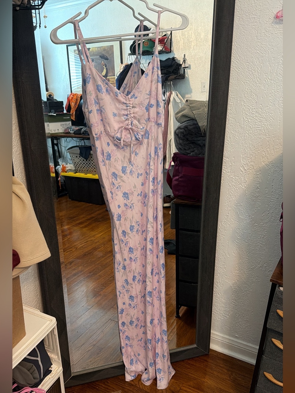 wild fable Light Pink Satin Floral Slip with Blue Print
